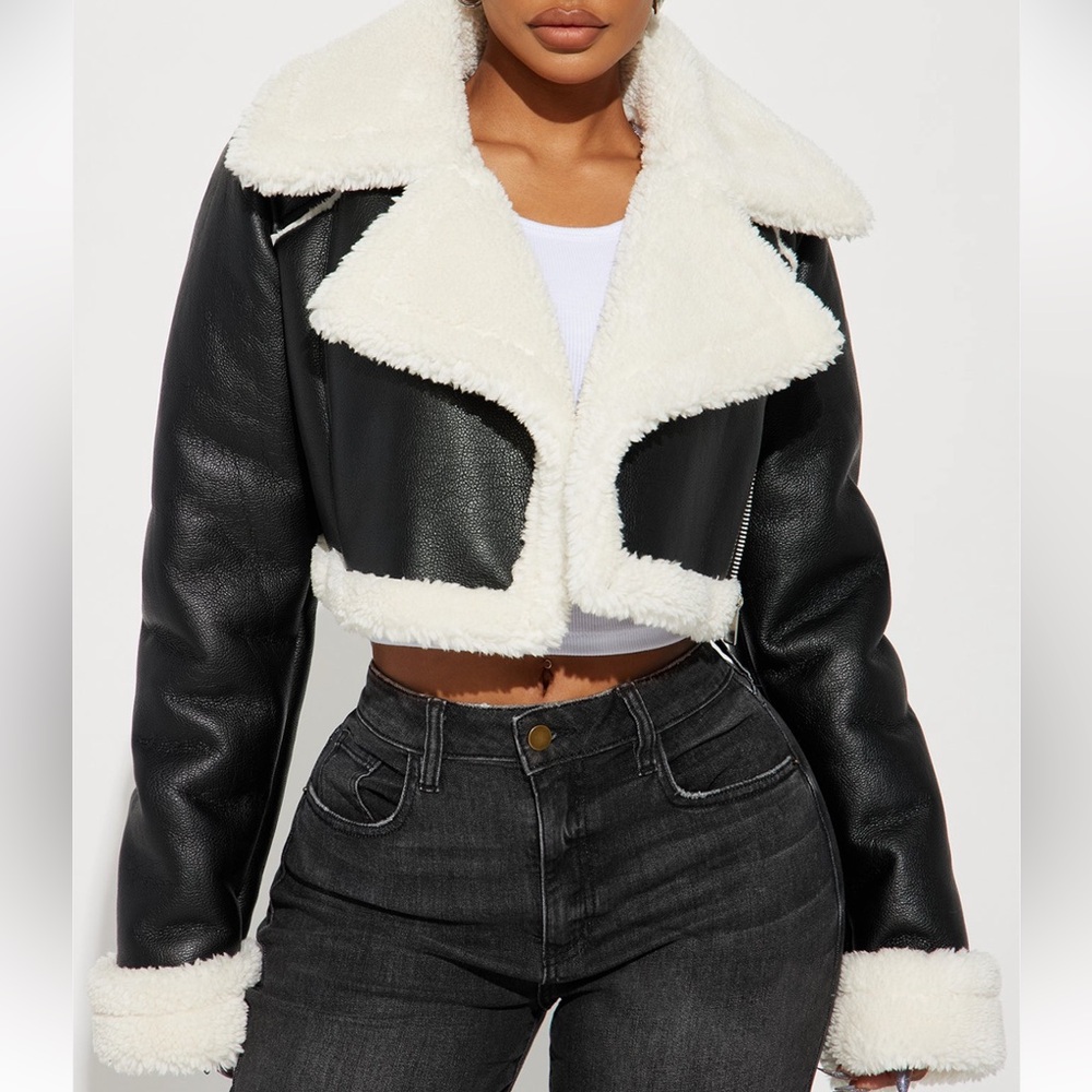 Fashion Nova Black and Cream Teddy Jacket